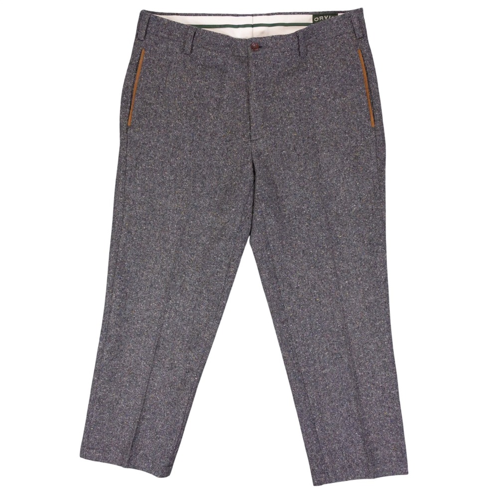 Orvis Mens 38 Gray 100% Wool Fleck Donegal Tweed Leather Trim Trousers Pants